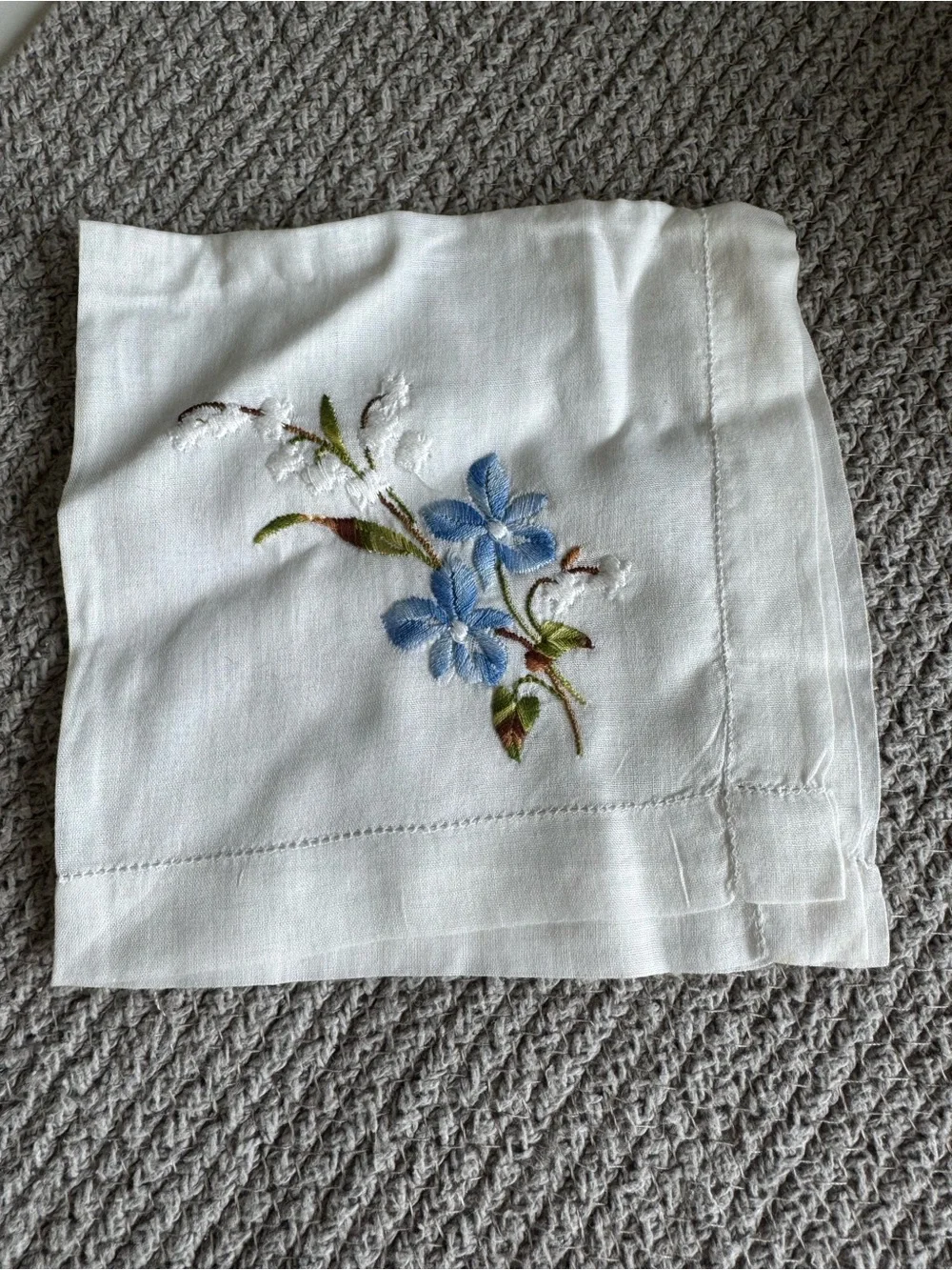 Vintage Set of 12 Floral Embroidered White Ivory Floral Linen Cotton Napkins
